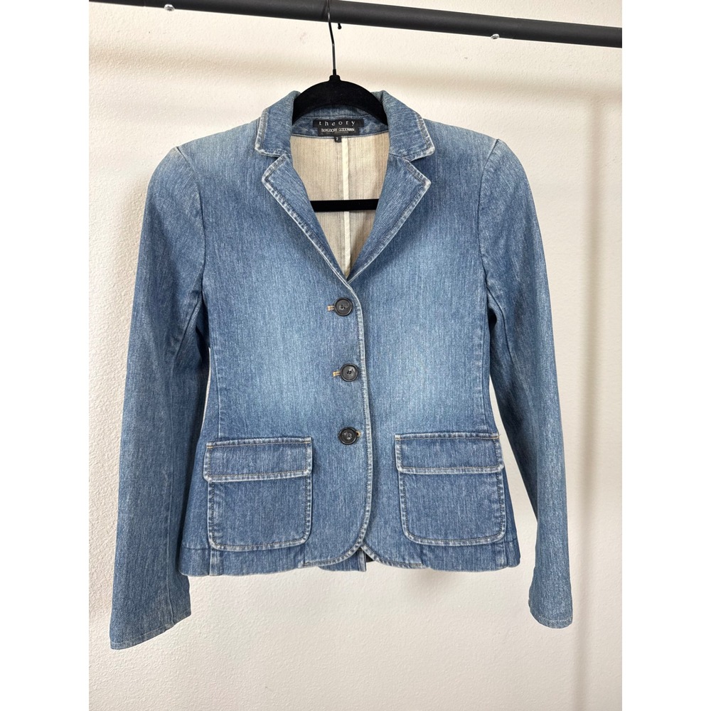 Theory Denim Blazer Jacket Blue Wash Tailored Button Front Pockets Size 2 - Picture 8 of 8